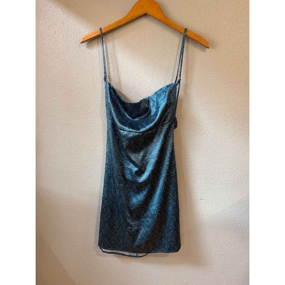 Lucy in the Sky Mini Dress Womens XS Teal Polka Dot Cowl Neck Open Back Satin